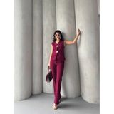 Zf Butik Kadın Gold Düğmeli Yelek Pantolon Takım - Bordo - XL