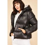 Zf Butik Kadın Kapüşonlu Şişme Mont Parlak Siyah - 40