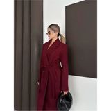 Zf Butik Kadın Kaşe Kaban Bordo Beli Kuşaklı