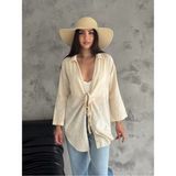 Zf Butik Kadın Keten Kimono Gömlek Taş Uzun Kollu - Standart