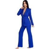 Zf Butik Kadın Lacivert Çizgili Kemerli Şal Yaka Blazer Ceket ve Boru Paça Pantolon Takım - 36