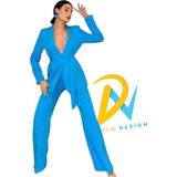 Zf Butik Kadın Mavi Takım Elbise Kemerli Şal Yaka Blazer Ceket Esnek Pantolon - 40