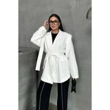 Zf Butik Kadın Oversize Blazer Ceket Beyaz Kuşaklı Omuz Detaylı - 36