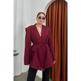 Zf Butik Kadın Oversize Blazer Ceket Kuşaklı Omuz Detaylı - 40 - Bordo