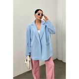 Zf Butik Kadın Oversize Blazer Ceket Kuşaklı Omuz Detaylı - 40 - Mavi