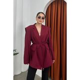 Zf Butik Kadın Oversize Blazer Ceket Kuşaklı Omuz Detaylı - 42 - Bordo