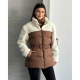 Zf Butik Kadın Puffer Mont Beli Lastikli Peluş Detaylı Kahverengi