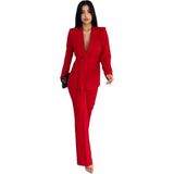 Zf Butik Kadın Takım Elbise, Kemerli Şal Yaka Blazer Ceket Boru Paça Esnek Pantolon - Kırmızı - 36