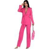 Zf Butik Kadın Takım Elbise Pembe Kemerli Şal Yaka Blazer Ceket Boru Paça Pantolon - 40