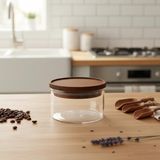 Zg Store Doğal Akasya Ahşap Kapaklı Cam Saklama Kabı - 300 ml Vakumlu Kare Kavanoz, Hava Almaz Baharatlık ve Erzak Kabı