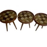 Zigon 19625Sehpa Çember DAMALI Model Kayın Retro Ceviz 3 Ayak Üstü Cam El Yapım
