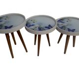 Zigon 19627 Sehpa Çember MAVİ KELEBEK Model Kayın Retro 3 Ayak Üstü Cam El Yapım