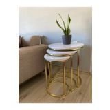 Zigon Sehpa 3Lu Parlak Gold Ayak Mdf Tabla Sut Beyaz-Bembeyaz