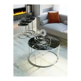 Zigonzi 3Lü Zigon & Orta Sehpa Takımı Gümüş Metal Siyah Mermer Desenli
