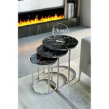 Zigonzi Gümüş Metal Siyah Mermer Desen Üçlü Zigon Sehpa