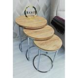 Zigonzi Lısa Zigon 3^Lü Sehpa - Antik Çam Tabla - Gümüş Metal Ayak