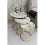 Zigonzi Lısa Zigon 3^Lü Sehpa - Beyaz Kahve Mermer Desenli Ahşap Tabla - Gold Metal Ayak