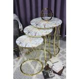 Zigonzi Üçlü Zigon Hasır Sehpa - Sarı Ebru Mermer Desenli