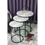 Zigonzi Üçlü Zigon Temperli Cam Sarı Ebru Mermer Desenli Metal Sehpa -