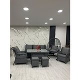 Zigonzi Vilza 7 Kişilik Rattan Bahçe Balkon Teras Oturma Grubu Gri Minderli (3+1+1) 80x140 Cm Masa, 2 Adet Puf Ve Tek Kişilik Rattan Salıncak Seti - Antrasit Gri