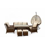 Zigonzi Vilza 7 Kişilik Rattan Bahçe Balkon Teras Oturma Grubu Krem Minderli (3+1+1) 80x140 Cm Masa, 2 Adet Puf Ve Tek Kişilik Rattan Salıncak Seti - Kahverengi