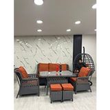 Zigonzi Vilza 7 Kişilik Rattan Bahçe Balkon Teras Oturma Grubu Portakal Minderli (3+1+1) 80x140 Cm Masa, 2 Adet Puf Ve Tek Kişilik Rattan Salıncak Seti - Antrasit Gri