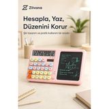 Zilvana 12 Haneli Hesap Makinesi ve LCD Yazı Tableti, Kalemli Not Alma Özellikli Masaüstü Hesap Makinesi-Pembe