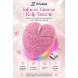 Zilvana Sevimli Parıltılı Kristal Taşlı Pembe Kalp Şeklinde Bilgisayar Faresi, LED Işıklı,2.4GHz ,Şarj Edilebilir USB Kablosuz Fare