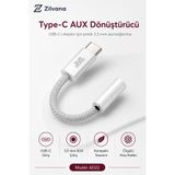 Zilvana USB-C to 3.5 mm AUX Dişi Ses Dönüştürücü Kısa Örgülü Adaptör – Beyaz
