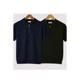 Zimsah 2 Adet Polo Yaka Fermuarlı T-shirt Çizgili Old Money Örme Yeni Sezon Triko Modern Kısa Kollu Erkek Tişört