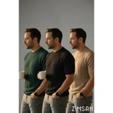 Zimsah Erkek 3’lü Triko Tişört T-Shirt Seti Bisiklet Yaka Kısa Kollu Yeşil Siyah Bej Basic