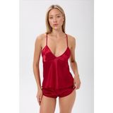 Zined Saten Sırtı Açık Şortlu Pijama Takımı - Bordo