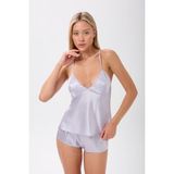 Zined Saten Sırtı Açık Şortlu Pijama Takımı - Lila