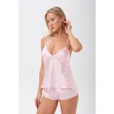 Zined Saten Sırtı Açık Şortlu Pijama Takımı - Pembe - XL