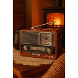 Zineets Saatli Nostaljik Radyo FM Ahşap Görünümlü Bluetooth Hoparlör Ahşap Renk Vintage Saatli IŞIKLI USB SD