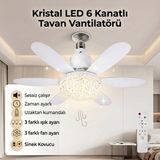 Zinnuren Kristal Sessiz Çalışma LED Lambalı Tavan Vantilatörü 6 Kanatlı Uzaktan Kumandalı Sinek Kovucu Avize 52CM Çap 30W E27 Duy - Beyaz