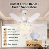 Zinnuren Sessiz Çalışma Kristal LED Lambalı Tavan Vantilatörü 6 Kanatlı Uzaktan Kumandalı Sinek Kovucu Avize 52CM Çap 30W E27 Duy - Beyaz - Beyaz