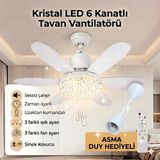 Zinnuren Sessiz Çalışma Kristal LED Lambalı Tavan Vantilatörü 6 Kanatlı Uzaktan Kumandalı Sinek Kovucu Avize 52CM Çap 30W E27 Duy - Kar Beyaz