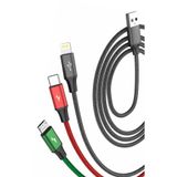 Zipax iPhone 6 Plus - 6s Plus ile Uyumlu 3in1 Şarj Kablosu, USB Type-C/Micro USB/Lightning, 1,5 Metre, Örgü Kablo, Siyah