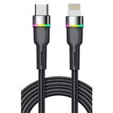 Zipax iPhone X, XS, XS Max, XR ile Uyumlu 35W PD Lightning Hızlı Şarj Kablosu, USB-C to Lightning, RGB LED Işık, Örgülü Metal Kasa, Siyah