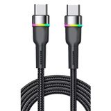 Zipax Realme 5, 6, 6i, 7, 8 Pro, Note 60 ile Uyumlu Type-C PD 60W RGB Hızlı Şarj Kablosu, Metal Hasır Örgü, Siyah