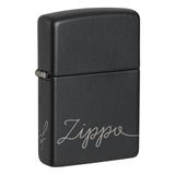 Zippo Rüzgar çakmağı – Logo Script Lettering, siyah mat krom, lazer 360° – tekrar kullanılabilir – rüzgara dayanıklı tasarım – hediye kutusu – ABD'de üretilmiştir