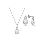 Zirkon Taşlı Damla İçinde Doğal İnci Küpe Kolye İkili Set (Beyaz)
