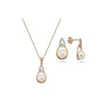 Zirkon Taşlı Damla İçinde Doğal İnci Küpe Kolye İkili Set (Rose)