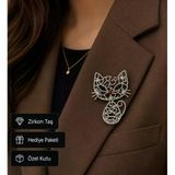 Zirkon Taşlı Kedi Figürlü Gümüş Kaplama Kadın Broş - Şık Hediye
