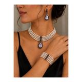 Zirkon Taşlı Tasma Choker İnci Kolye Su Yolu Damla Küpe ve İnci Bileklik Seti