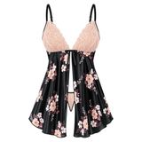 ZİRVE TREND Kadın Çiçek Desenli Saten Gecelik Takımı – Dantelli Fantazi Gecelikk, İnce Askılı V Yaka Babydoll, Önü Açık Siyah, Tanga Dahil Şık Kadın İç Giyim 3557
