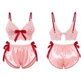 ZİRVE TREND Kadın Dantelli Saten Şortlu Pijama Takımı – Ayarlanabilir Askılı Büstiyer, Fiyonk Detaylı 2 Parça Gecelik İç Giyim Seti, Pembe-Kırmızı, 3368