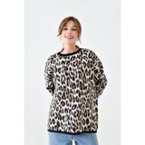 Zishan Fashion Leopar Desen Triko Örme Sakallı Geniş Kesim Kadın Kazak 003 - Standart - 0-Kahverengi