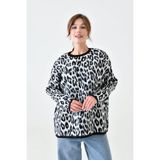 Zishan Fashion Leopar Desen Triko Örme Sakallı Geniş Kesim Kadın Kazak 003 - Standart - 000-Siyah
